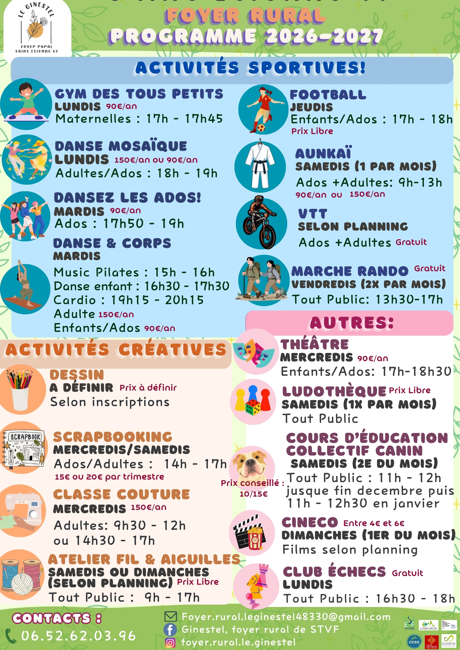 programme des activités - foyer rural Le Ginestel - Saint-Etienne-vallée-française - 2026/2027